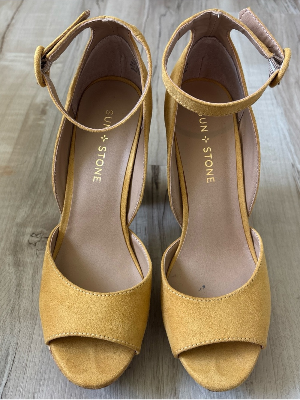 Sun + Stone Mustard Suede Open-Toe Ankle-Strap Heels